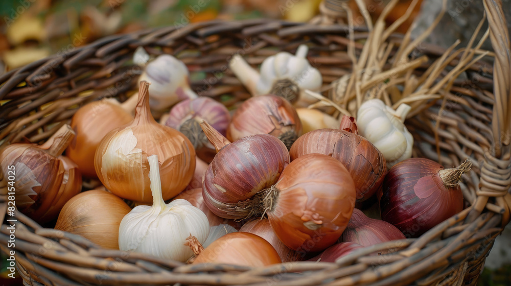 Fresh raw onions and garlic vegetables stacked in wooden basket Fresh raw onions and garlic vegetables stacked in wooden basket