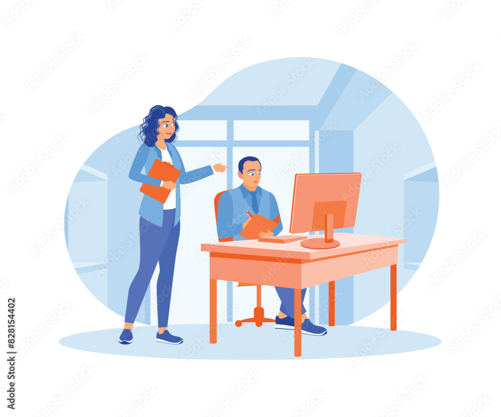 The secretary meets the manager in the study. Checking job seeker documents. Job interview concept. Flat vector illustration. The secretary meets the manager in the study. Checking job seeker documents. Job interview concept. Flat vector illustration.