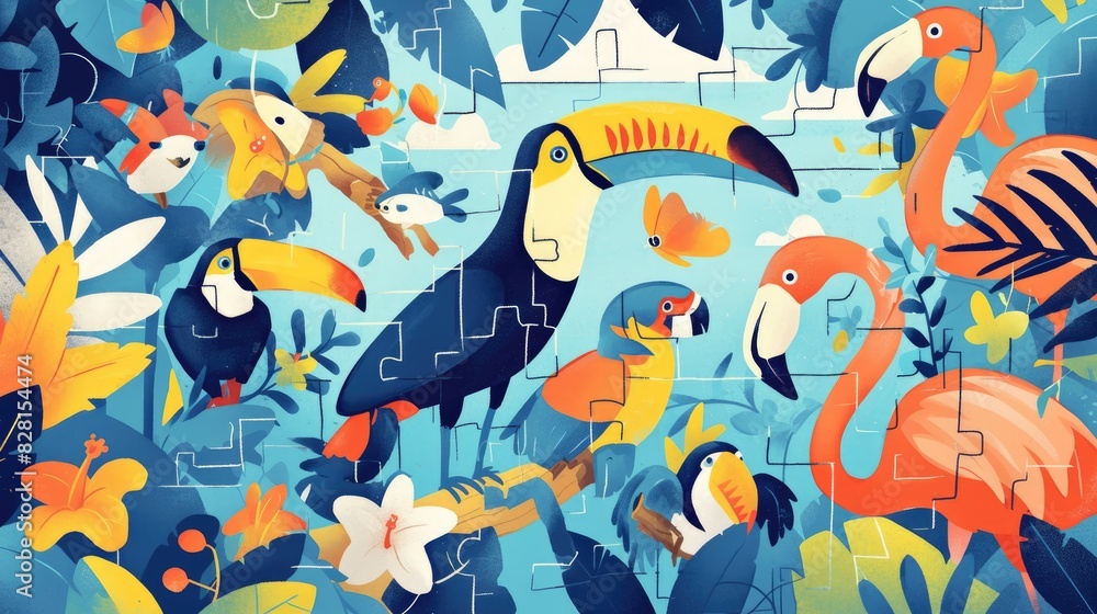 Fototapeta premium Printable worksheet for kids featuring adorable tropical jungle animals like toucans and flamingos designed as a fun and engaging jigsaw puzzle in a charming cartoon style