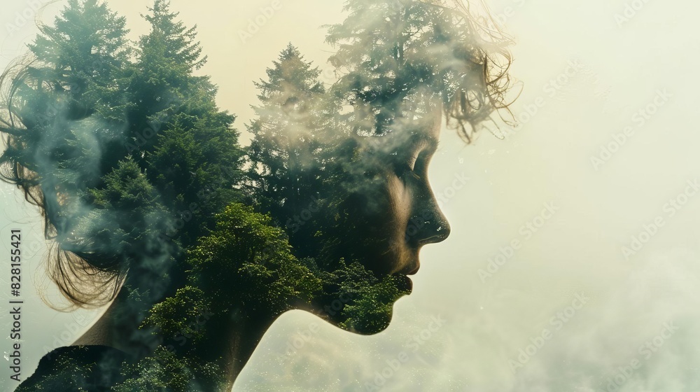 Double exposure landscape of a forest blending with a persons silhouette, illustrating the deep connection with nature Double exposure landscape of a forest blending with a persons silhouette, illustrating the deep connection with nature