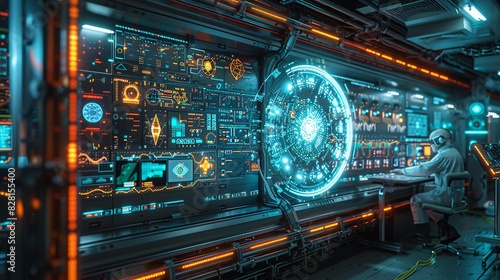 A cross-sectional view of a futuristic quantum lab, with scientists observing holographic displays of atomic and subatomic particles in action. AI Technology and Industrial works concept,