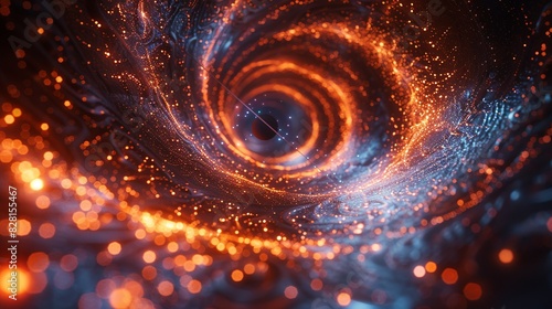 A stylized image of a black hole, with particles spiraling into its event horizon, illustrating the interplay between quantum mechanics and general relativity. AI Technology and Industrial works