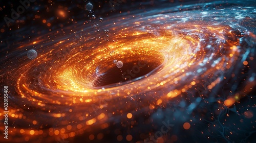 A stylized image of a black hole, with particles spiraling into its event horizon, illustrating the interplay between quantum mechanics and general relativity. AI Technology and Industrial works