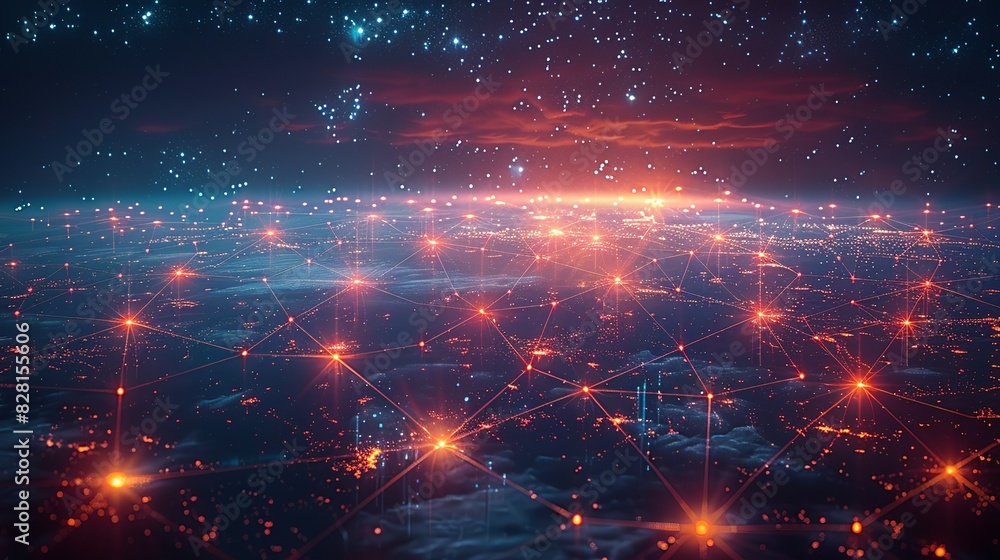Fototapeta premium A depiction of quantum entanglement, with pairs of particles connected by glowing lines, stretching across vast distances in a cosmic setting. AI Technology and Industrial works concept,