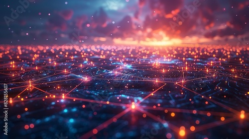 A depiction of quantum entanglement, with pairs of particles connected by glowing lines, stretching across vast distances in a cosmic setting. AI Technology and Industrial works concept, photo
