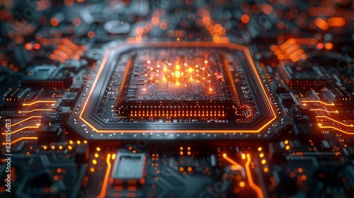 A futuristic scene of a quantum computer core, with glowing qubits and complex circuitry, symbolizing the cutting-edge advancements in quantum technology. AI Technology and Industrial works concept, photo