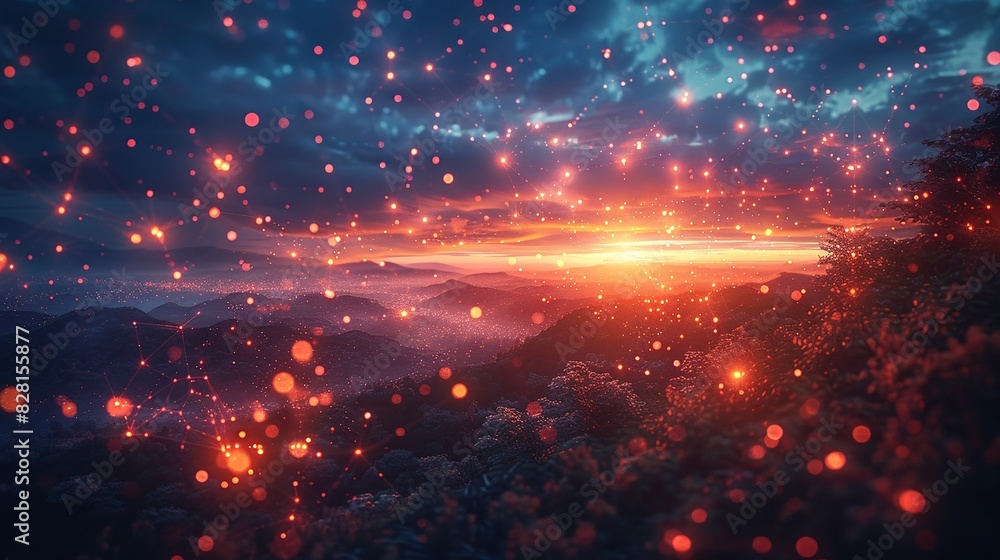 Obraz premium A cosmic landscape with atoms and particles floating in the sky, their paths traced by glowing trails of energy, symbolizing the fundamental nature of matter. AI Technology and Industrial works