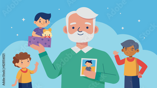 A proud grandfather showing off his latest photography project featuring candid shots of his grandchildren at play.. Vector illustration