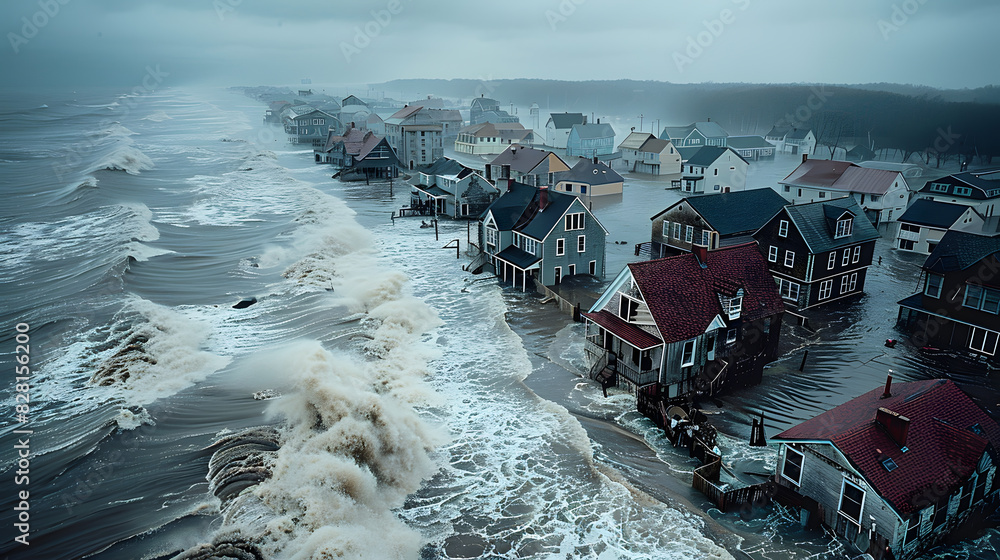 The ruins of an abandoned town submerged in floodwater portray the