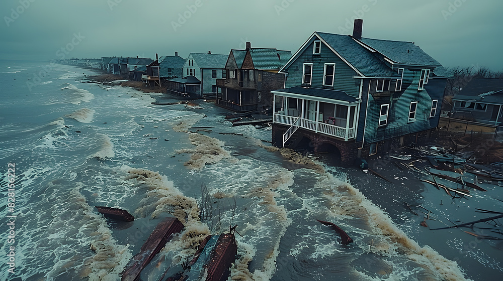 The ruins of an abandoned town submerged in floodwater portray the