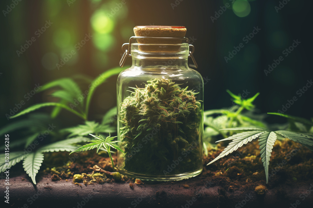 Glass jar filled with cannabis buds surrounded by marijuana leaves on a wooden surface. Nature photography with natural lighting. Design for poster, banner, wallpaper, print. Glass jar filled with cannabis buds surrounded by marijuana leaves on a wooden surface. Nature photography with natural lighting. Design for poster, banner, wallpaper, print.