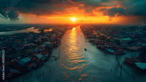 The ruins of an abandoned town submerged in floodwater portray the global impact of natural disasters and climate crisis. Climate mitigation and adaptation strategies.