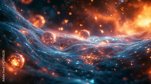 An ethereal depiction of quantum fields, with particles appearing and disappearing, overlaid on a background of swirling cosmic dust and light. AI Technology and Industrial works concept,