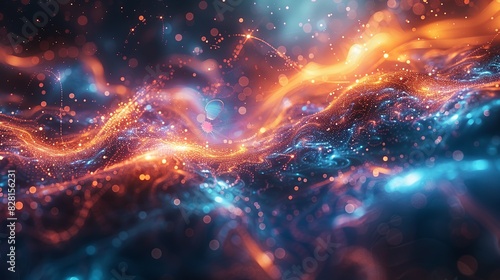 An ethereal depiction of quantum fields, with particles appearing and disappearing, overlaid on a background of swirling cosmic dust and light. AI Technology and Industrial works concept, photo