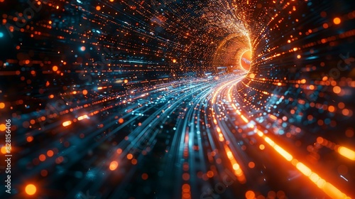 A depiction of quantum teleportation, with particles and information transferring instantaneously across space, set against a futuristic, high-tech backdrop. AI Technology and Industrial works