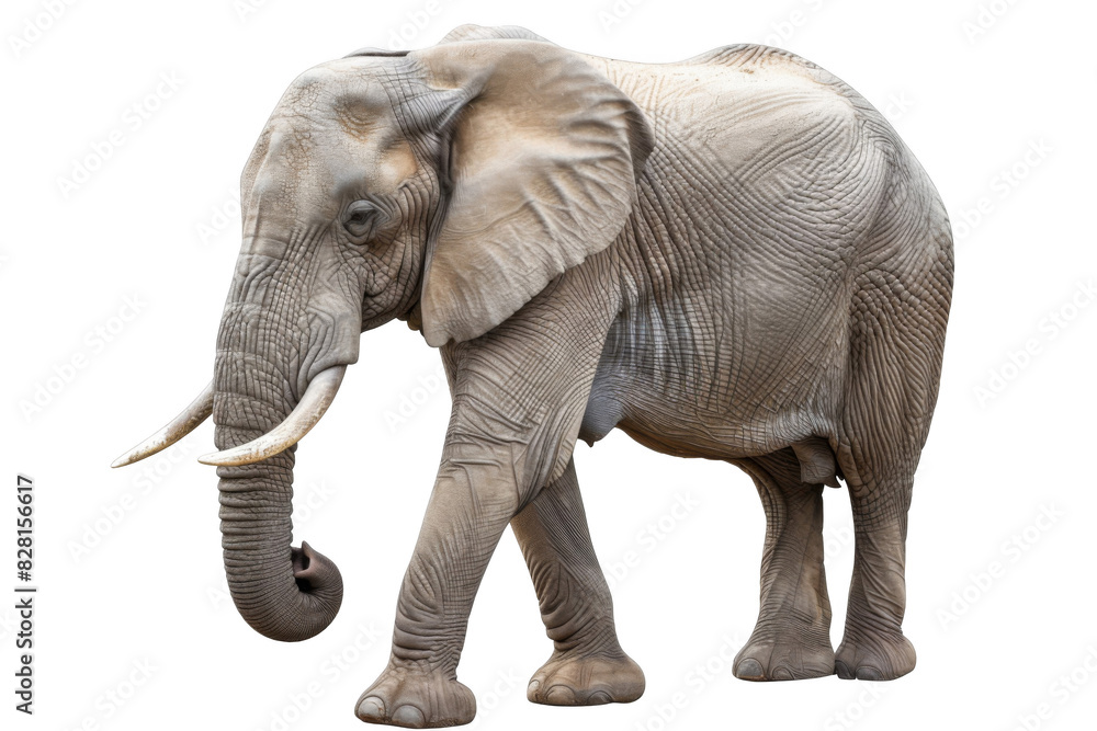 Fototapeta premium Elephant, isolated on solid white background, PNG di-cut style, realistic photo style, object as model