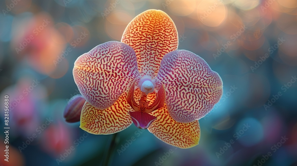 A close-up shot of a single orchid, its delicate petals showcasing intricate patterns and vibrant colors, set against a blurred natural background that highlights its beauty. A close-up shot of a single orchid, its delicate petals showcasing intricate patterns and vibrant colors, set against a blurred natural background that highlights its beauty.