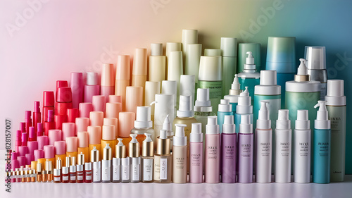 Visually Pleasing Harmony, Organized Skincare Bottles and Jars by Size and Color Gradient for an Elegant and Balanced Display