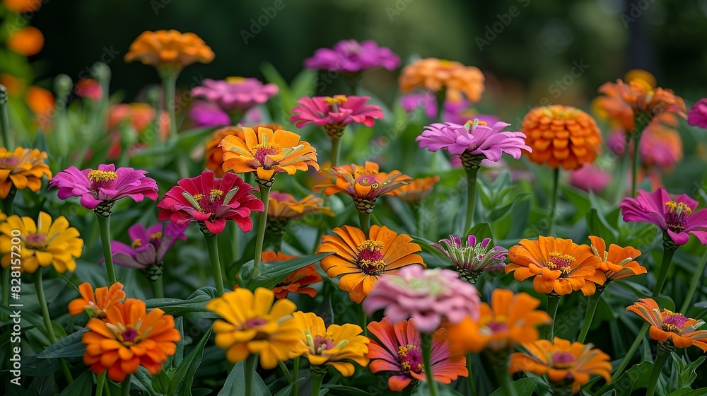 A vibrant garden scene with a mix of zinnias, marigolds, and petunias, their bright colors and diverse shapes creating a lively and eye-catching composition. A vibrant garden scene with a mix of zinnias, marigolds, and petunias, their bright colors and diverse shapes creating a lively and eye-catching composition.