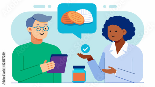 A customer expressing their concerns about agerelated memory decline and the pharmacist recommending different supplements such as omega3 fatty acids to support brain function.. Vector illustration