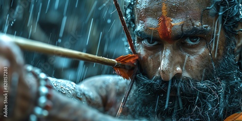 Focused archer with traditional paint aiming arrow in rain, displaying intense concentration and cultural significance.