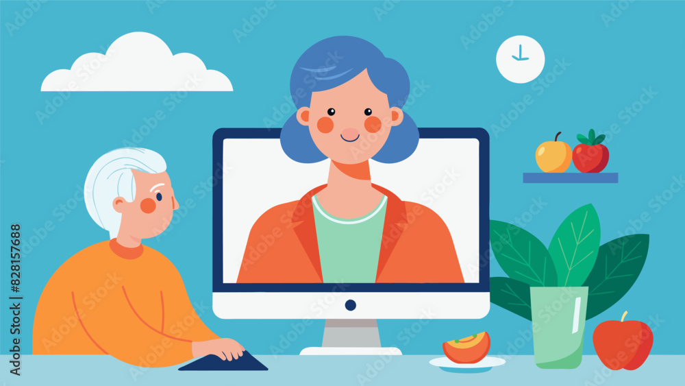 An 85yearold woman using telehealth to receive personalized nutrition advice from a registered dietician.. Vector illustration An 85yearold woman using telehealth to receive personalized nutrition advice from a registered dietician.. Vector illustration