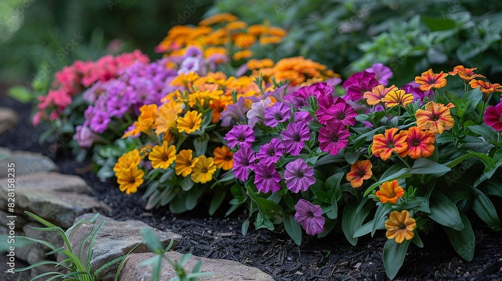 A vibrant garden scene with clusters of petunias, marigolds, and zinnias, their bright colors and varied shapes creating a lively and dynamic composition. A vibrant garden scene with clusters of petunias, marigolds, and zinnias, their bright colors and varied shapes creating a lively and dynamic composition.