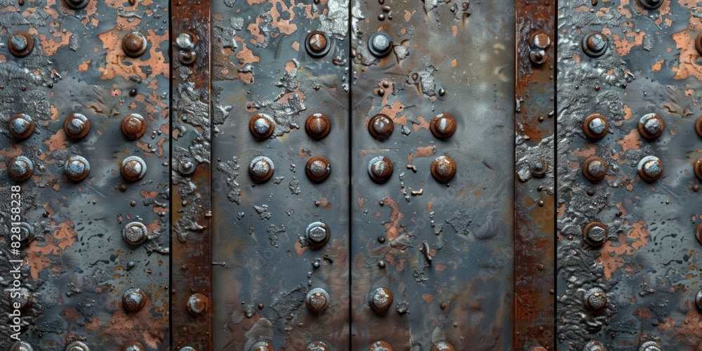 Fototapeta premium The image is of a rusted metal door with many holes and screws