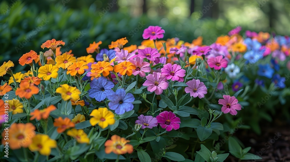 A vibrant garden scene with clusters of petunias, marigolds, and zinnias, their bright colors and varied shapes creating a lively and dynamic composition.