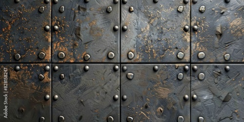 Rusted metal door adorned with numerous holes and screws, showcasing the passage of time and industrial decay. Urban texture concept
