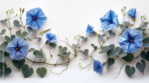 A detailed illustration of a morning glory vine, with its delicate blue flowers and heart-shaped leaves climbing across the frame, set against a simple white background.