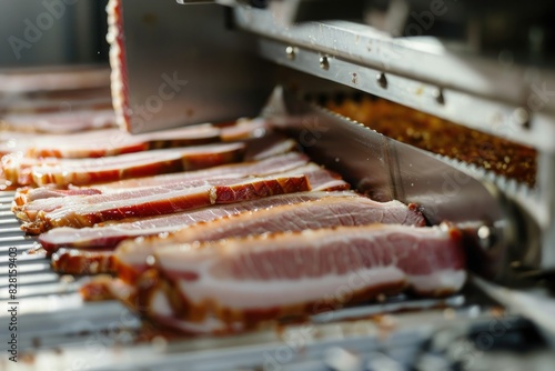 A close-up of an automated slicing machine precisely cutting cured pork bellies into thin, uniform strips of bacon