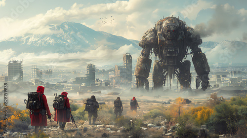 illustration of a postapocalyptic wasteland where survivors scavenge for resources amidst the ruins of civilization facing off against mutated creatures and rival factions in a struggle for survival photo