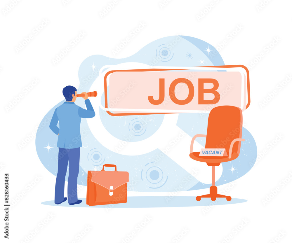 Man looking for work. Using binoculars look for empty positions. Job Search concept. Flat vector illustration. Man looking for work. Using binoculars look for empty positions. Job Search concept. Flat vector illustration.