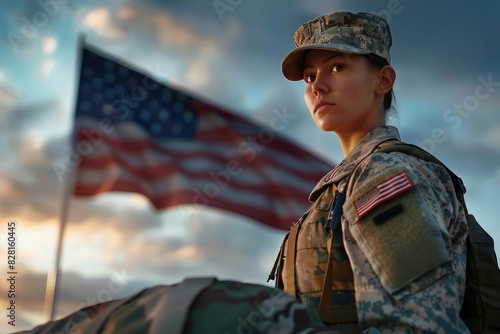 A soldier standing tall in their military uniform, a flag waving in the background, conveying pride in serving their country. photo