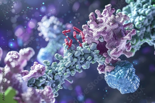 A scientific illustration showing an antibody attaching to a specific antigen (foreign molecule), symbolizing the immune system's response to disease. photo