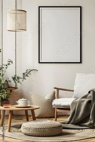 A modern Scandinavian living room with a sofa  coffee table  and black frame poster on the wall