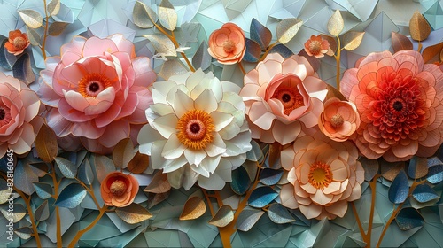 Fototapeta Naklejka Na Ścianę i Meble -  The backdrop features soft pastel blooms of peonies and dahlias, with intricate, laser-cut geometric shapes in metallic hues adding a sophisticated, modern edge.