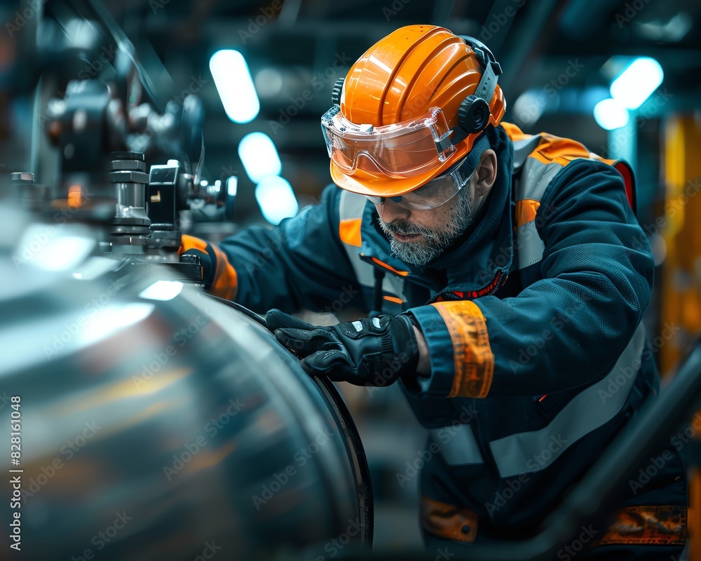 Industrial engineer in protective gear working diligently on machinery in a factory setting, ensuring safety and precision. Industrial engineer in protective gear working diligently on machinery in a factory setting, ensuring safety and precision.