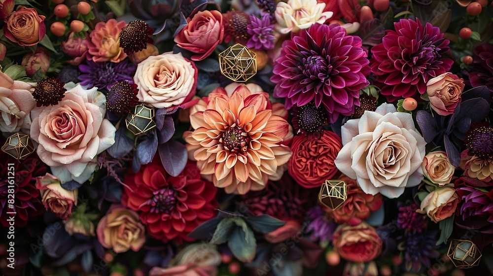 The wedding backdrop includes a rich tapestry of roses, dahlias, and chrysanthemums in deep reds and purples, with metallic geometric shapes adding a luxurious touch. The wedding backdrop includes a rich tapestry of roses, dahlias, and chrysanthemums in deep reds and purples, with metallic geometric shapes adding a luxurious touch.