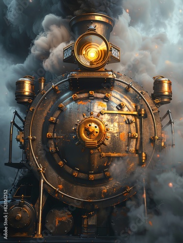 Vintage steam locomotive with intricate details and glowing headlight amidst swirling smoke, capturing the essence of industrial nostalgia.