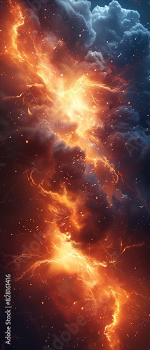 A stunning depiction of a fiery cosmic explosion with vibrant orange and red hues contrasted against dark smoky clouds in a vertical composition.