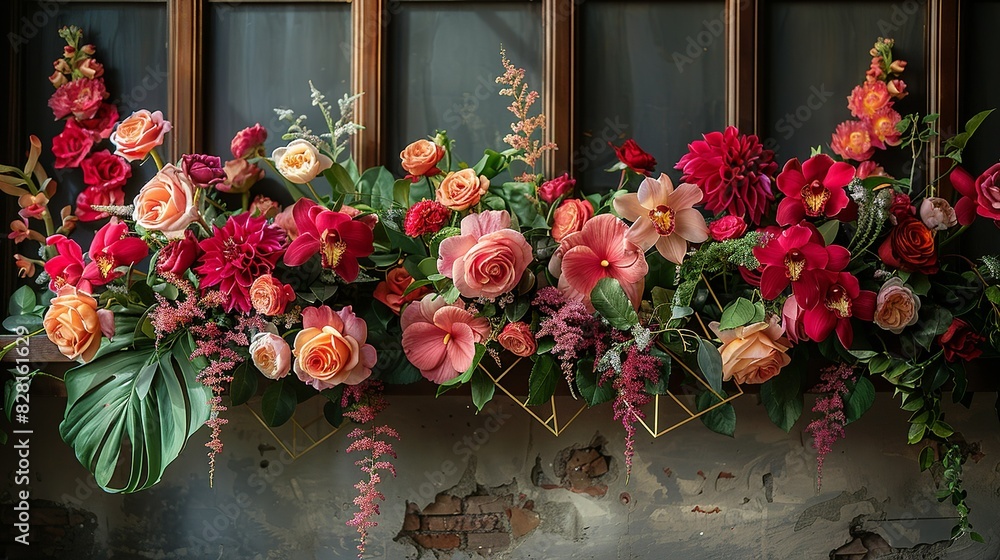 Fototapeta premium An intricate floral installation with a mix of traditional roses and exotic orchids, accented by geometric shapes in brushed gold for a timeless and elegant look.