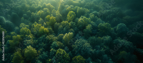 A lush green forest with trees of various sizes and shapes. The trees are full of leaves and the sunlight is shining through the canopy, creating a serene and peaceful atmosphere