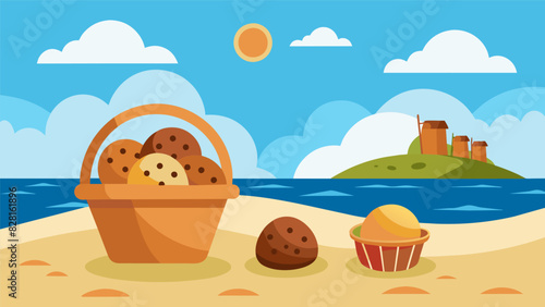 Make your beach day even more memorable with a basket b with homemade treats like oatmeal raisin cookies and chocolate peanut butter protein balls.. Vector illustration