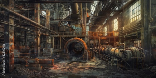 Neglected industrial environment cluttered with waste and stagnant water. Post-apocalyptic setting photo