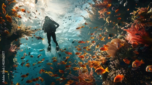 A Male diver in a wetsuit swims underwater among beautiful fish and corals.