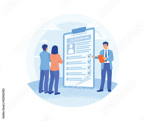 The concept of job duties and responsibilities. Candidates view job descriptions to fill vacancies. Job Description concept. Flat vector illustration.