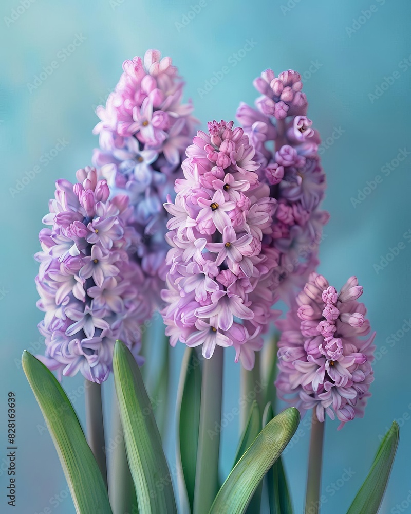 Obraz premium Beautiful purple hyacinth flowers bloom with vibrant colors and intricate details against a soft blue backdrop.