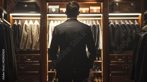 A man in a classic suit who has a good personality Standing in the fitting room of a classy men's suit shop photo